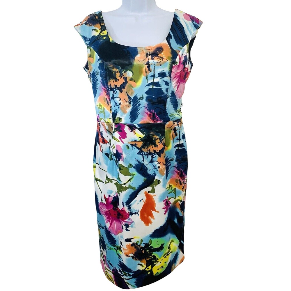 Joseph Ribkoff Sheath Floral Dress 6‎ Empire Blue Satin Event Classic Business